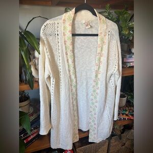 Sundance Cream Open Knit Cardigan with Pastel Floral Trim | Medium